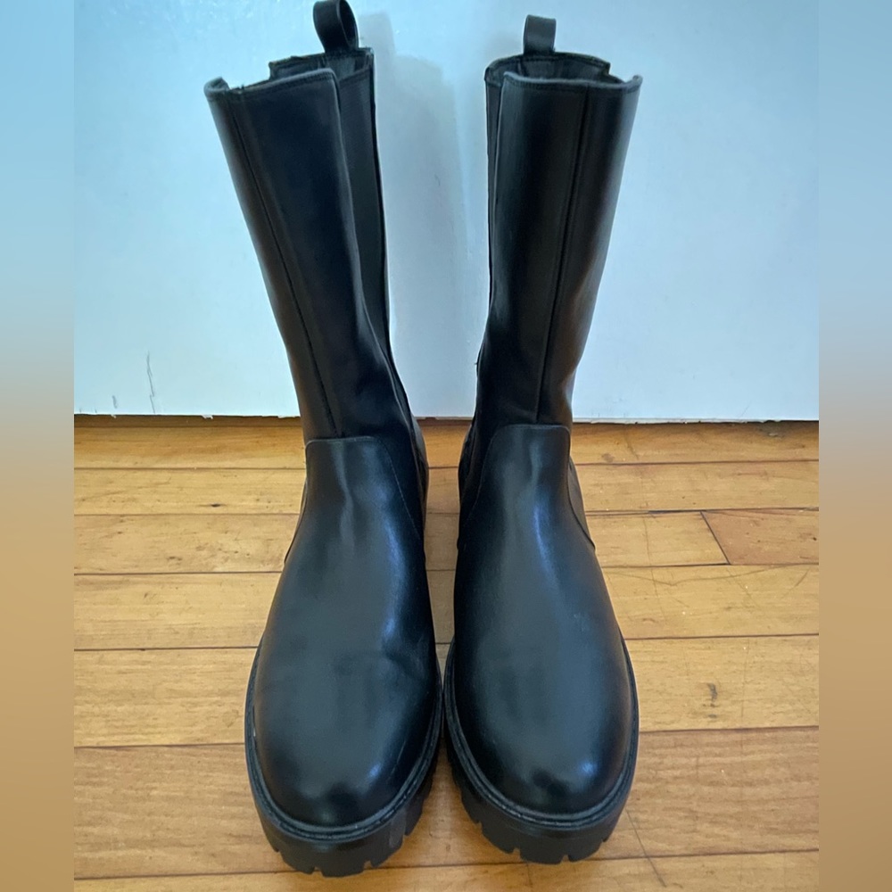 Black mid calf chunky leather boots